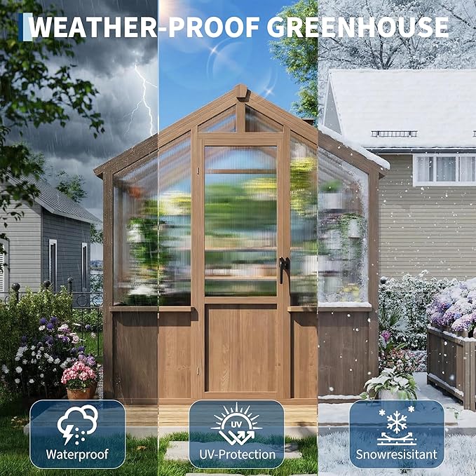 Heavy Duty Spruce Frame Wooden Greenhouse – Walk-in Outdoor Garden Outdoor Storage with Polycarbonate Panels, Adjustable Roof Vents, Lockable Door, Spacious Storage, Ideal for Patio, Lawn,