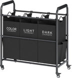 Tajsoon 3 Bag Laundry Sorter Cart, Laundry Hamper Sorter Basket with Heavy Duty Lockable Rolling Wheels for Clothes Storage, Black