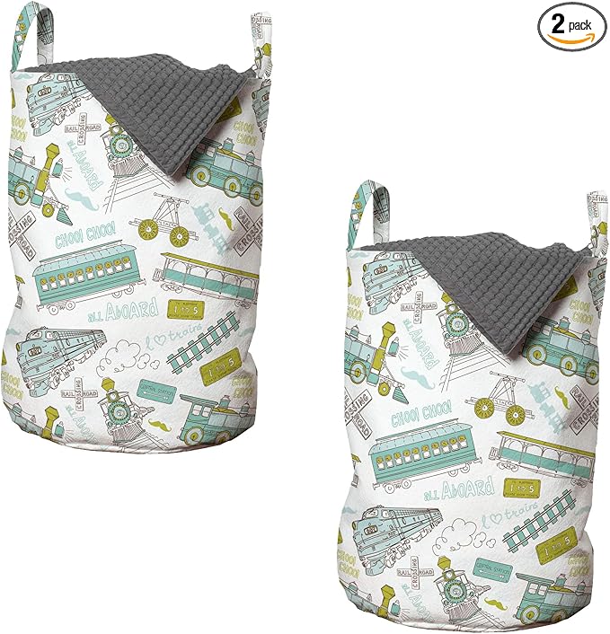 Ambesonne Steam Engine Laundry Bag Pack of 2, Choo Choo Train Pattern and Number Signs Vintage Travel Theme Print, Hamper Basket with Handles Drawstring Closure, 13" x 19", Apple Green Turquoise