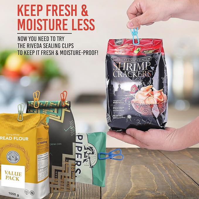 Riveda 30 Pack Assorted Chip Bag Clips Utility - PVC 2 Inch Coated Colorful Sealer for Sealing Food - Paper Holder, Clothesline Clip for Laundry Hanging, Kitchen Bags, Multipurpose Clothes Pins