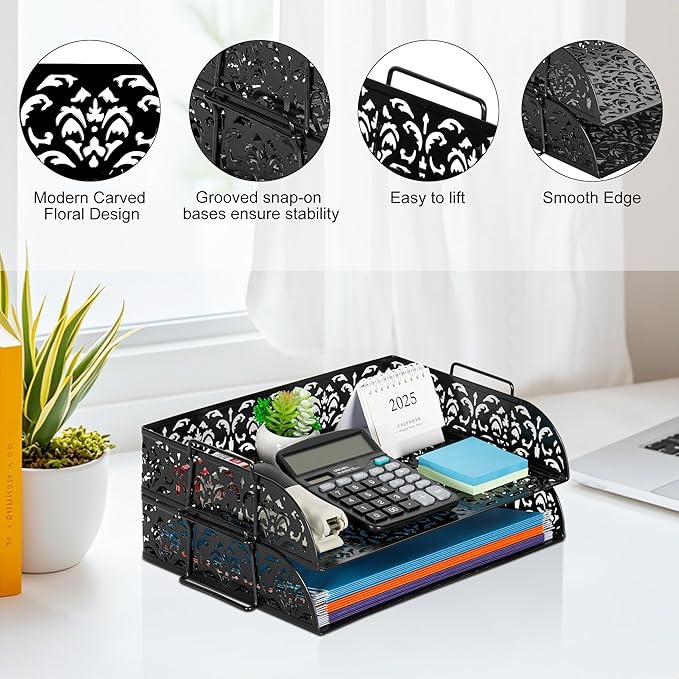 EasyPAG Paper Organizer for Desk 2 Tier Stackable Paper Tray for A4 Legal Size Folders Metal File Storage Desktop Organizer for Home Office School Teacher, Black