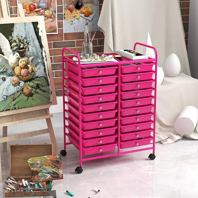 GOFLAME 20-Drawer Rolling Storage Cart, Multifunctional Art Craft Organizer Cart, Mobile Utility Storage Cart with Removable Drawers & Lockable Wheels, Craft Cart for Home Office, Hot Pink