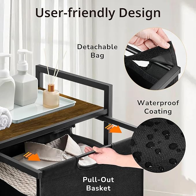 Laundry Sorter, Laundry Basket with 1 Pull-Out Removable Oxford Fabric Bag, 1 x 18.3 Gallons, Total 69L, Cloth Laundry Hamper with a Top Shelf 20"x13" (Black and Rust)