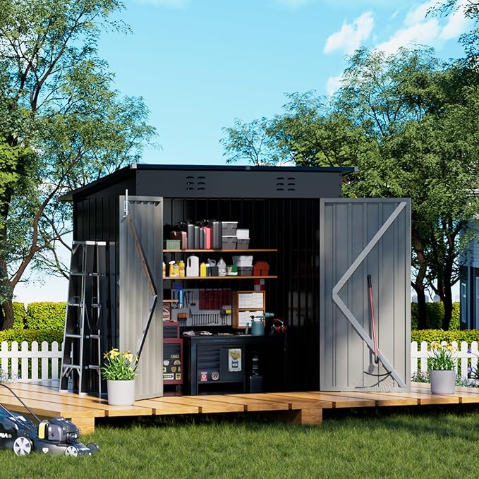 COMHOMA Shed Outdoor Storage Shed Metal,Lockable Doors Tool Sheds with Sloping Roof,Steel Garden Shed with Air Vent for Backyard,Patio,Lawn,Poolside(Grey,6'*4')
