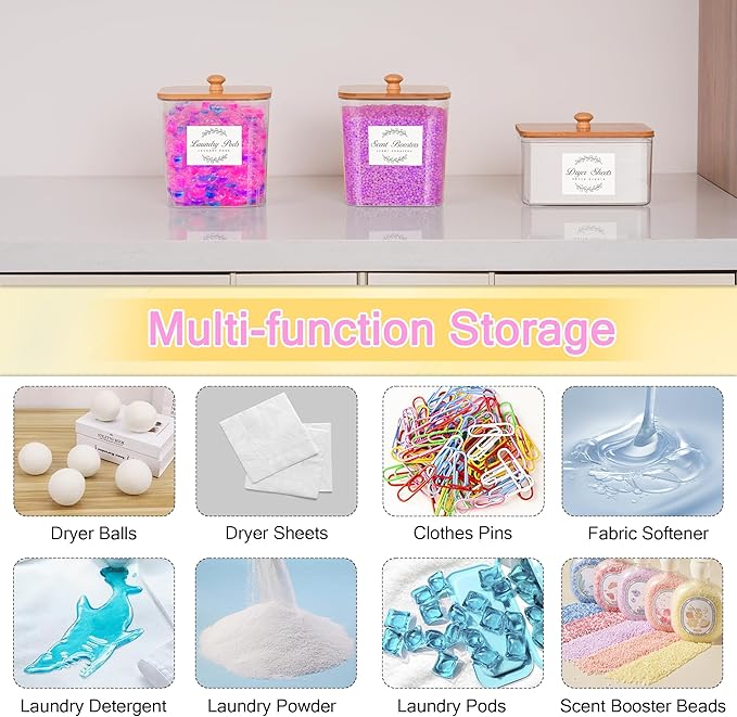 efluky 4+1 pack Laundry Pods Container & Dryer Sheet Holder Set,Clear Laundry Room Organization Containers with Bamboo Lids and Labels,Laundry Pods Holder for Scent Booster,Powder,Pod