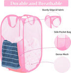 Durable Collapsible Laundry Baskets - Reinforced Mesh Pop Up Laundry Hamper with Pocket, Foldable Dirty Clothes Hamper with Carry Handles for Laundry, Bathroom, Kids Room, Dorm or Travel Pink+Black