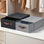 Closet Drawer Organizer Stackable Fabric Storage Boxes Bins Baskets with Lid PU Leather Handles Foldable Washable Cotton Linen Wardrobe Shelf Clothes Towels Container (Gray, Large)