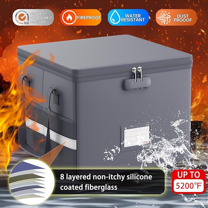 ENGPOW 5200°F File Box Fireproof Document Box with Lock,Heat Insulated Collapsible File Storage Organizer Box with Handle,Portable Home Office File Cabinet for Hanging Letter/Legal Size Folder, Gray