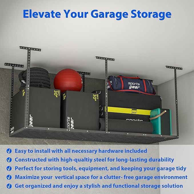 Overhead Garage Storage Rack, Adjustable Garage Storage Organization System, Heavy Duty Metal Garage Ceiling Storage Rack, Ceiling Mounted Storage Racks