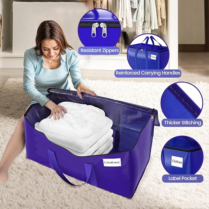 10Pack Moving Storage Bags, Moving Supplies Packing Boxes for Moving, Camping, College Dorm Room Essentials for Girls, Blue Tote Bags, 125L Heavy-Duty Storage Bins With Lids And Zippers