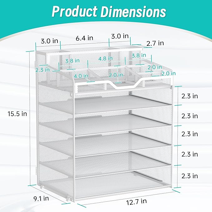 6 Tier Mesh Desk Organizer,Multi Functional Letter Paper Tray with 3 Pen Holders and 5 Adjustable Storage Compartments for Office Supplies Files and Mail Space Saving Desktop Organizer-White