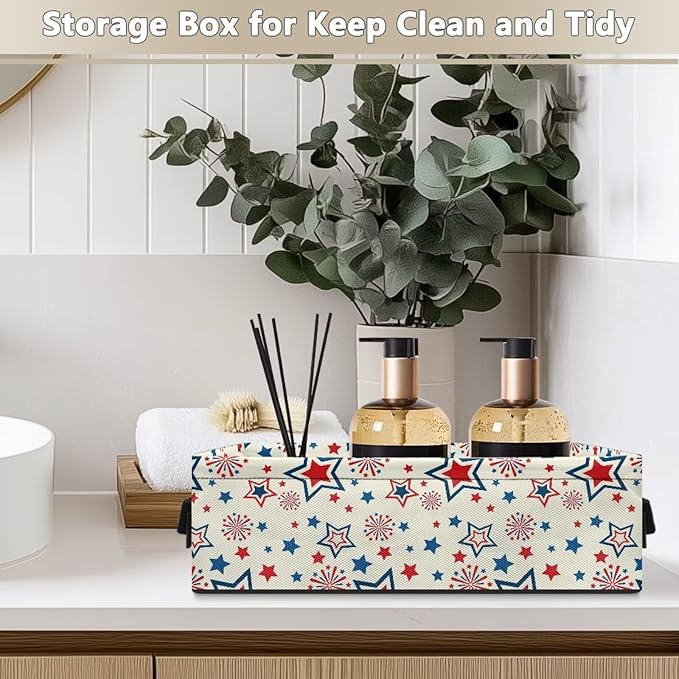 Small Storage Basket for Organizing Shelf Closet Baskets Cube Lightweight Storage Bins Container for Bathroom Office Kitchen 13.89 x 7.13 x 4.37 Inch, Red Blue Star Creamy White