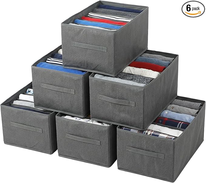 6 Pack Foldable Wardrobe Clothes Organizer with Handle 7 Grids Stackable Closet Drawer Organizer for Jeans, Pants, Sweaters, T-Shirts, Leggings, Grey