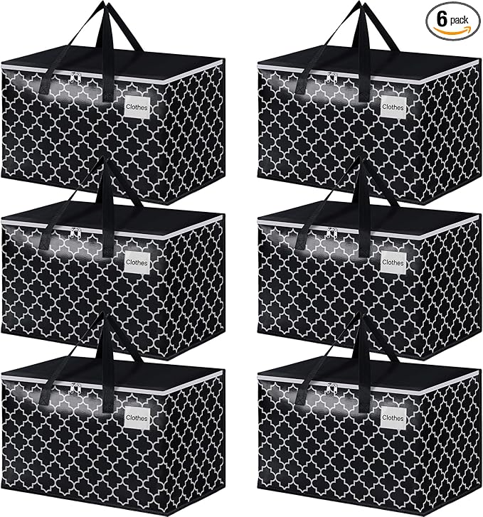 HomeHacks Heavy Duty Moving Bags with Tag Pockets, Collapsible Storage Totes for Moving, Camping & Travel -Foldable Packing Boxes, Zipper Handles, Black（6 Packs, 125L）