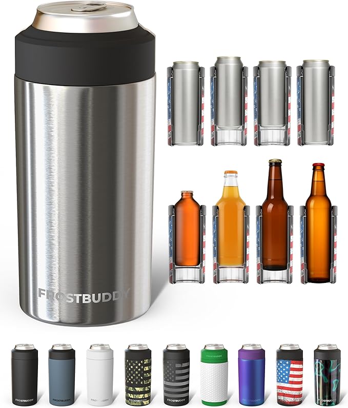 Frost Buddy Universal Can Cooler - Fits all - Stainless Steel Can Cooler for 12 oz & 16 oz Regular or Slim Cans & Bottles - Stainless Steel