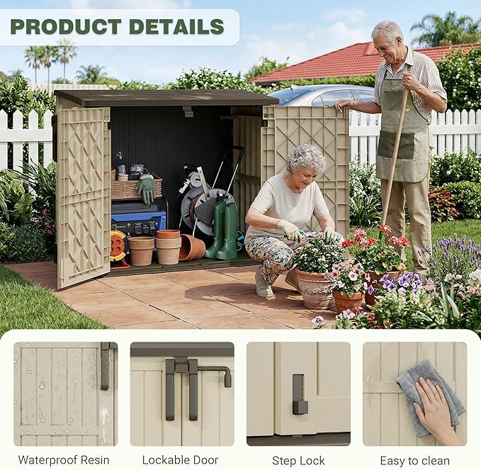 LHBcraft Waterproof Outdoor Storage Box 36 Cu Ft with Lockable Doors, Portable Horizontal Resin Storage Cabinet, Outdoor Storage Shed for Backyards, Easy to Assemble