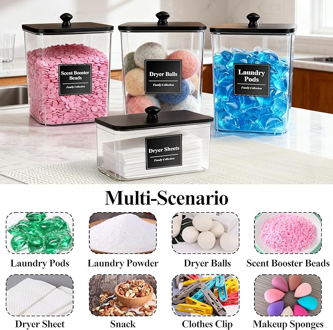 4 Pack Laundry Pods Container with Anti-slip mat, Clear Dryer Sheet Holder, Laundry Room Organization Containers with Black Wooden Lids & Labels, Laundry Detergent Holder for Scent Booster