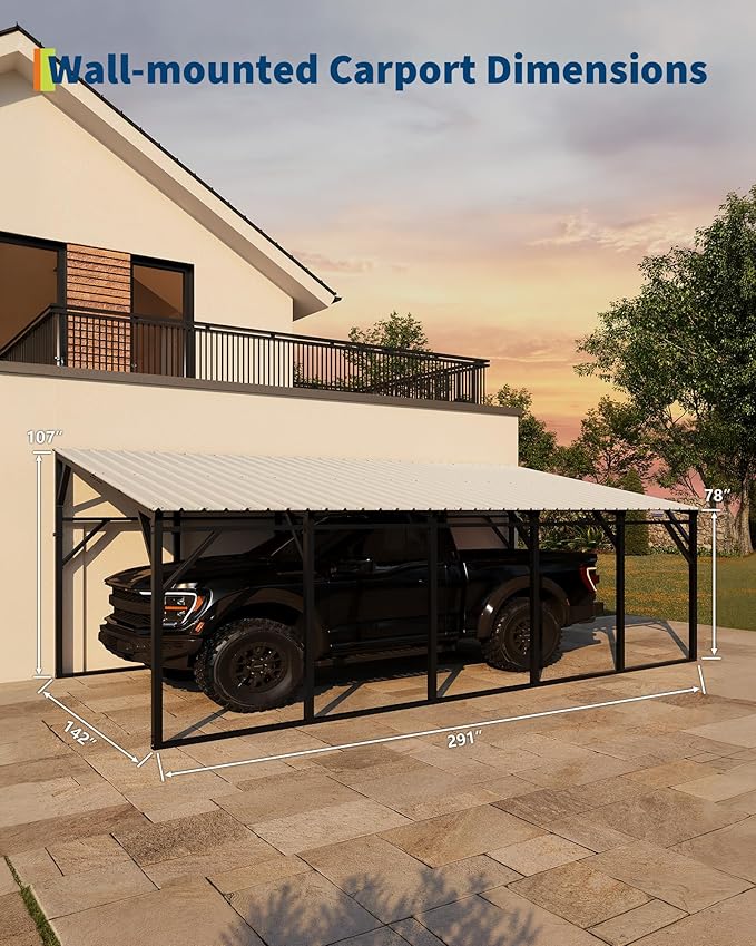 Garvee 12x25 ft Lean-to Metal Carport, Vertical Roof Wall-Mounted Car Port for Snow Shedding, Heavy-Duty 19-Ga. Steel Frame, 107" to 78" Height for Long-Bed Pickup & SUV