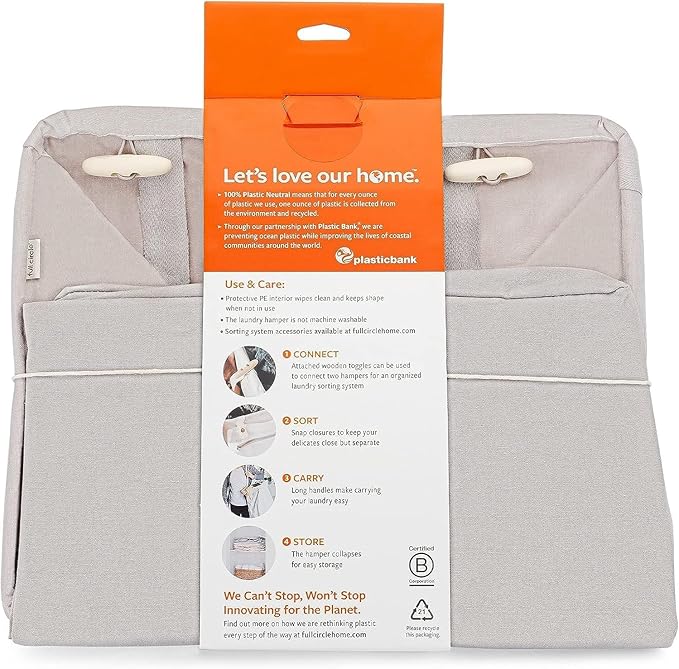 Full Circle Loads of Fun Collapsible Hamper – Laundry Basket for Dirty Clothes & Towels – Tall Standing Organic Cotton Laundry Bag with Long Handles - Ideal for Bathroom, Bedroom or Kids’ Room, Gray