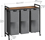 HOOBRO Laundry Sorter 3 Section, Laundry Hamper with Wheels, 3 × 11.5 Gal (43.4L), Rolling Laundry Basket, Pull-Out and Removable Oxford Fabric Laundry Bags, Rustic Brown and Grey BFG76XY01