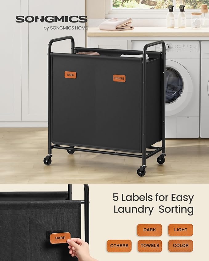 SONGMICS 2-Section Laundry Sorter, Laundry Hamper with Wheels, Rolling Clothes Hamper Cart with Large Capacity and Removable Bags, for Laundry Room, Bedroom, Bathroom, Ink Black URLS210B01