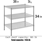 24" Deep x 36" Wide x 34" Height Wire Shelving Kit | 3-Tier | NSF Commercial Storage Rack Unit