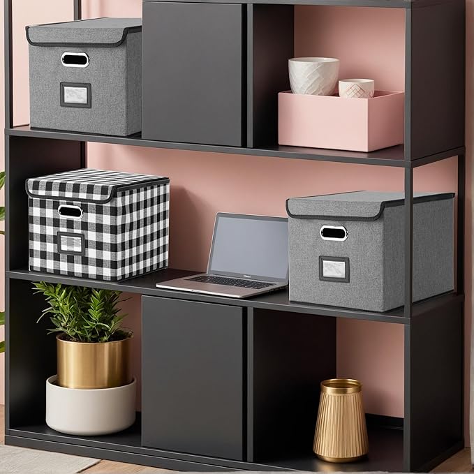 Collapsible File Box with Lid & Plastic Slide - Hanging Document Organizer for Office/Home, 14.96x12.6x10.83 Inch,Dark Grey, 1 Pack (No Folders Included)