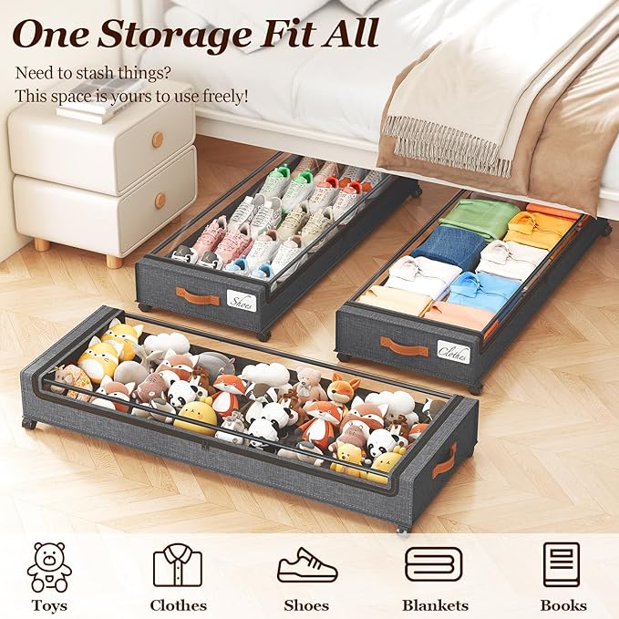 Yecaye Under Bed Storage with Wheels 2 Pack, 85L Extra Large Under Bed Storage Containers with Metal Frame & Clear Lid, Rolling Underbed Organizer Bins Drawers for Clothes, Shoes, Blankets, Hemp Grey