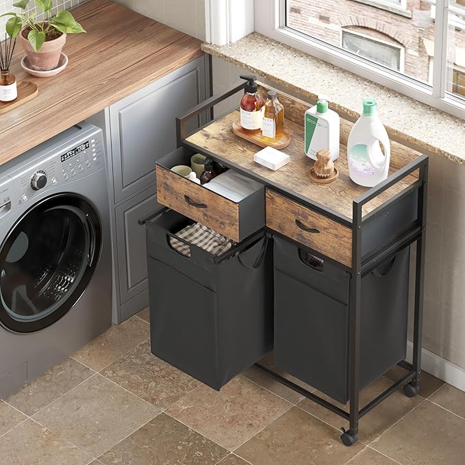 Laundry Sorter with 2 Drawers, 100L with Pull-Out Removable Laundry Bags, Laundry Hamper Baskets with 2 Section and Wheels, Rustic Brown and Black