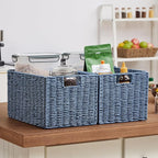 Vagusicc Wicker Storage Basket, Set of 2 Hand-Woven Paper Rope Wicker Basket, Large Storage Baskets for Organizing Toilet Paper, Foldable Cube Storage Organizer Bins for Shelves (Blue)