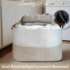 Large Cotton Rope Storage Basket with Leather Handles, Laundry Hamper Basket, 20 "L x 14" W x 12 "H, Durable & Stylish Organizer for Home.(Large Light Khaki)