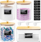 3+1 Pack Glass Laundry Pods Container & Acrylic Dryer Sheet Holder, Clear Laundry Room Organization Containers with Bamboo Lids & Labels, Powder Laundry Detergent Container for Scent Booster, Powder