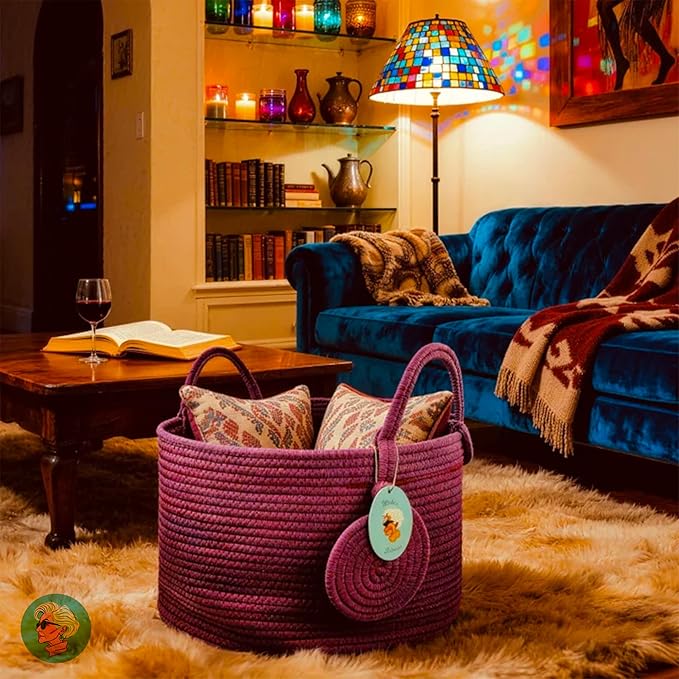 Modern Granny Small Cotton Rope Laundry Basket 16x10 Inch Dual Secure Woven Handle for Living Room Closet Clothes Blanket Organization