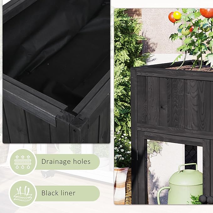 Patio 35.4"x17.7"x37.4" Mini Wood Cold Frame, Compact 2 Doors Garden Greenhouse with Wheels, Raised Bed with Liner for Indoor Outdoor Use, Black