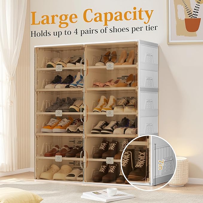 Foldable Shoe Rack Organizer for Entryway with Clear Magnetic Doors - Large Capacity Shoe Cabinet for Boots, Sneakers & All Shoes, Easy Assembly, White 4-Tier 16 Pairs