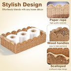 Set of 2 Paper Rope Scalloped Edge Decor Baskets, Small Storage Basket and Toilet Paper Basket for Toilet Paper Storage, Bathroom, Living room, Bedroom & More, 2 Wooden Handles, Neutral