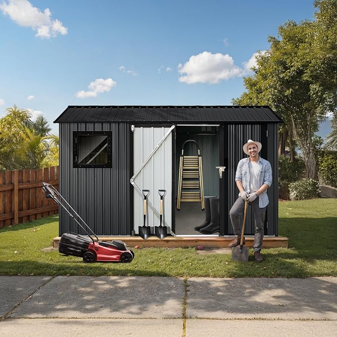 10' x 8' XL Outdoor Storage Shed, Sturdy Metal Building w/Floor and Operable Window for Garden, Backyard, Poolside and Lawn, Black
