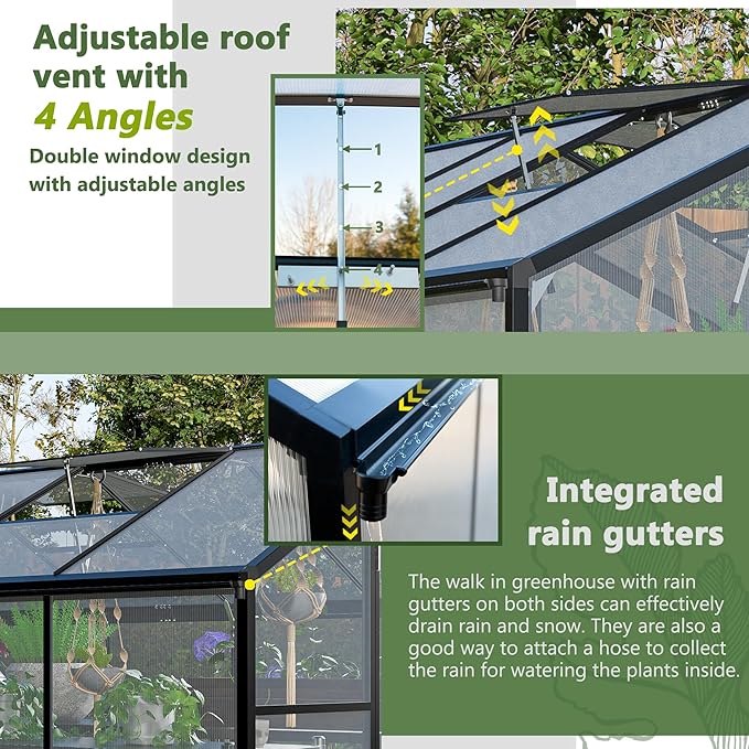 Large Walk-in Clear Polycarbonate Greenhouse with Rain Gutters & Adjustable Roof Vent - Sturdy Aluminum Frame Outdoor Plant House for Vegetable, Flower & Garden Growth-Outbuilding (6x8 ft)