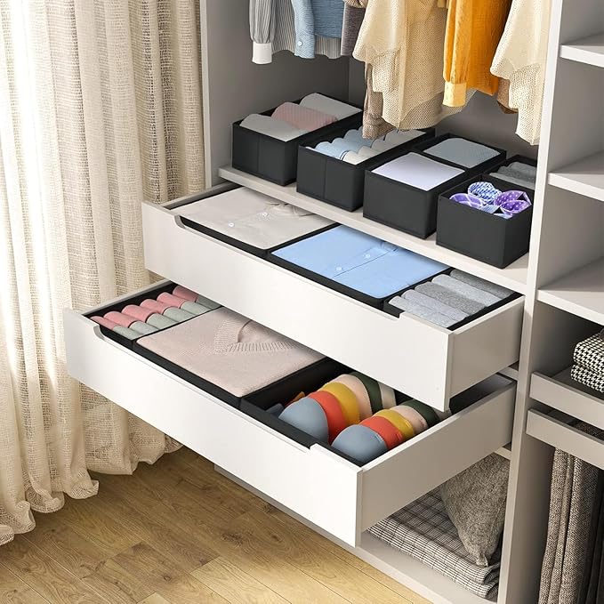 DIMJ Drawer Organizer Clothes 6 Pack - Foldable Baby & Nursery Organization Dresser Dividers for Bedroom, Closet - Black