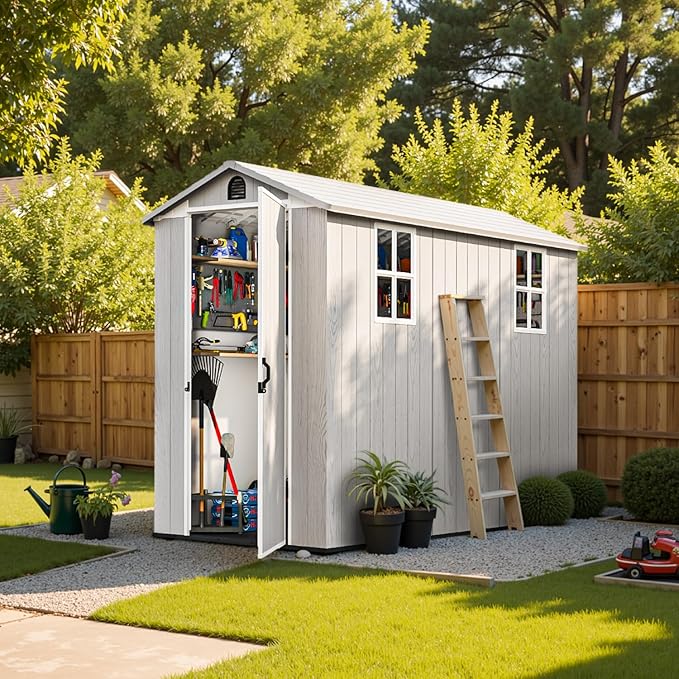 Patiowell 4x8 FT Resin Outdoor Storage Shed with Floor & 2 Windows, Large Plastic Garden Shed with Lockable Door for Backyard, Patio, and Lawn, Gray (Fit-it Shed)