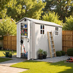 Patiowell 4x8 FT Resin Outdoor Storage Shed with Floor & 2 Windows, Large Plastic Garden Shed with Lockable Door for Backyard, Patio, and Lawn, Gray (Fit-it Shed)