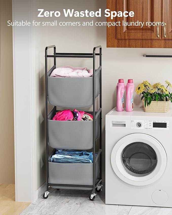 3 Section Laundry Sorter with Removable Bags, 120L Rolling Vertical Laundry Hamper, Stackable Laundry Baskets organizer for Bathroom, Apartment, Dorm (Gray, With Wheel)