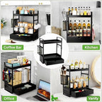 2-Tier Bathroom Counter Organizer with Drawer Basket and Hooks, Wood Bathroom Organizers and Storage for countertop, Farmhouse Black Countertop Organizer, Counter Shelf for Vanity, Kitchen, Office