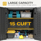 DWVO Outdoor Storage Cabinet with 2 Shelves, Waterproof Horizontal Plastic Storage Shed with Lockable Door, 15 cu. ft. Patio Tools Storage Box for Patio, Garden, Backyard, Deck, Dark Gray