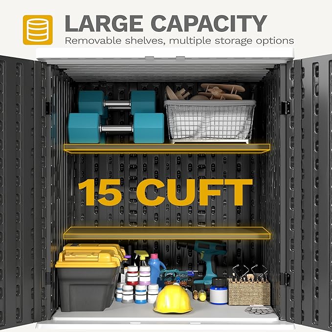 DWVO Outdoor Storage Cabinet with 2 Shelves, Waterproof Horizontal Plastic Storage Shed with Lockable Door, 15 cu. ft. Patio Tools Storage Box for Patio, Garden, Backyard, Deck, Dark Gray
