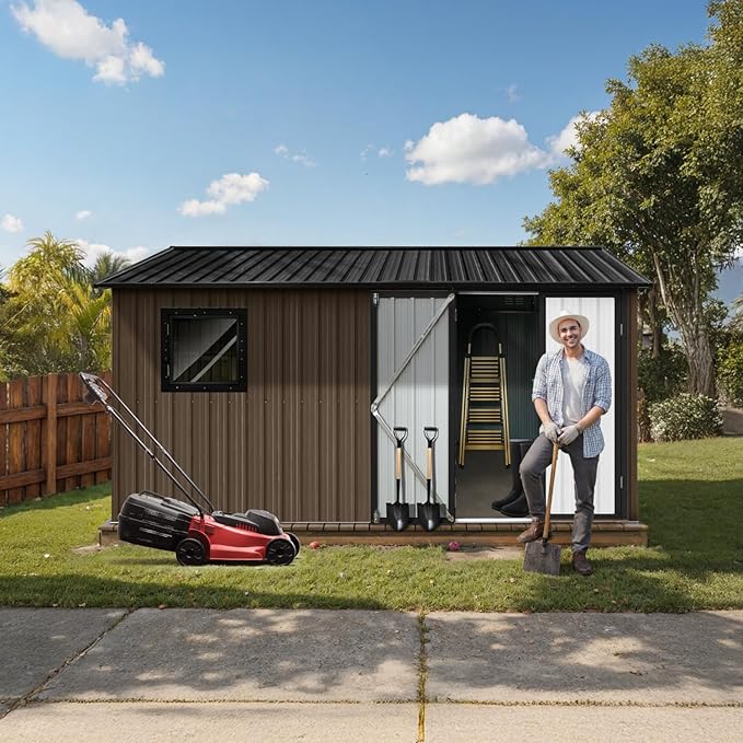 12' x 10' XL Outdoor Storage Shed, Sturdy Metal Building w/Floor and Operable Window for Garden, Backyard, Poolside and Lawn, Brown