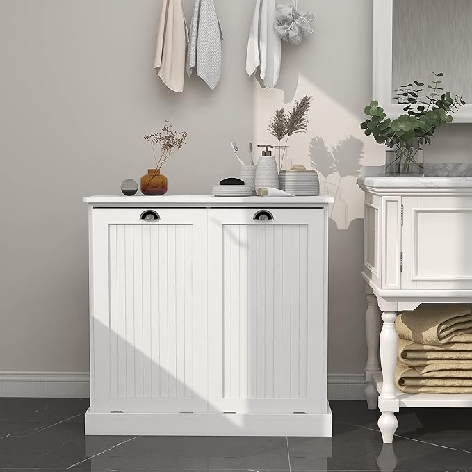 Two-Compartment Tilt-Out Laundry Sorter Cabinet,Bathroom Storage Organize Cabinet with 2 Removable Hamper Clothes Basket (White)
