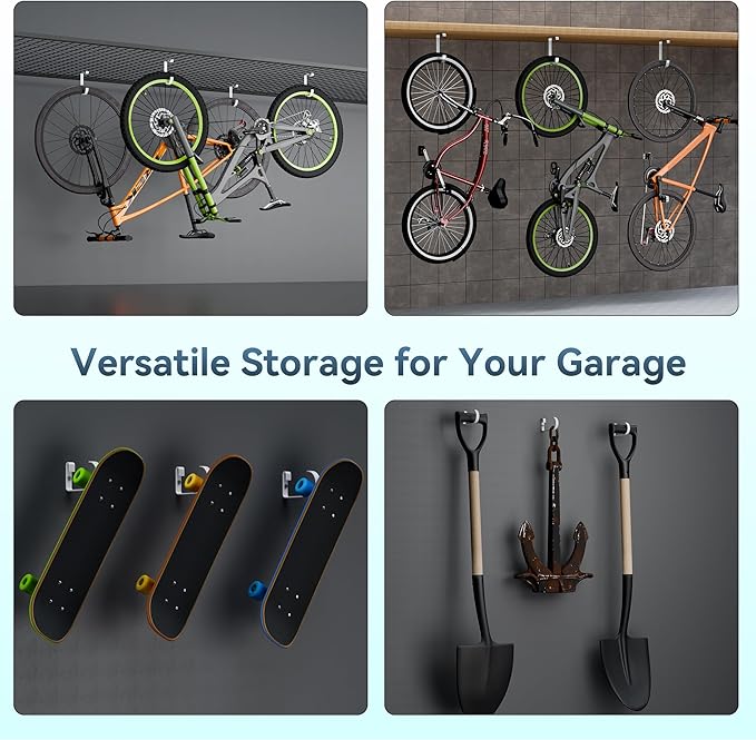 Bike Hooks for Garage Ceiling Storage Racks, 4 Pack Heavy-Duty Steel Thickened Flat Hooks, Supports Up to 50 lbs, Bike Hanger Add-On Overhead Garage Storage Rack & Wall Shelving, White