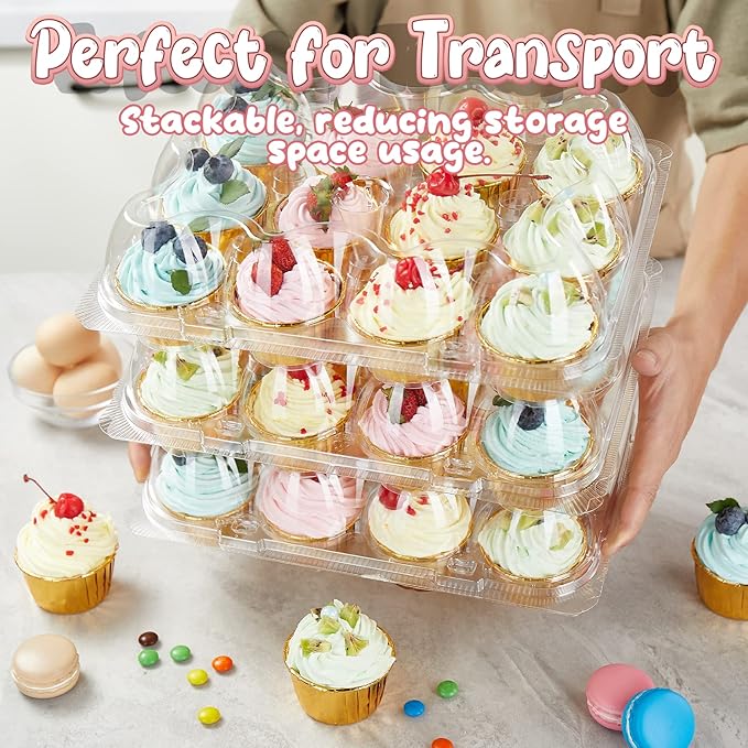 (12 Pack x 20 Sets) Stackable Cupcake Carrier with 240 Pack Liners, Plastic Cupcake Boxes Holders for 12 Cupcakes, High Tall Dome Lid Cupcake Containers, Clear Disposable Cupcake Trays