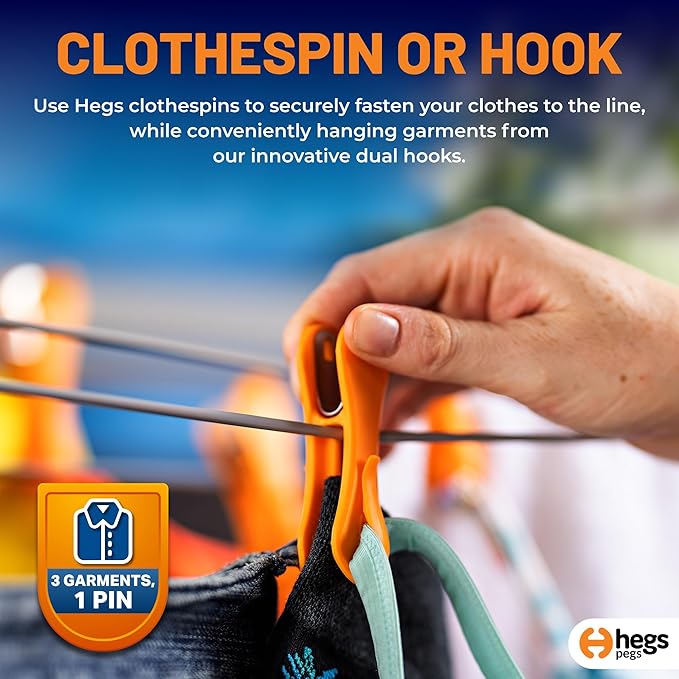The Smartest Heavy Duty Clothespins with Hooks (30 Pack Bright Orange) - Hang 3 Garments at Once with Our Tough, Dual Hooks Clothes Pins with Anti-Rust Spring - Durable, Colorful Clothespins